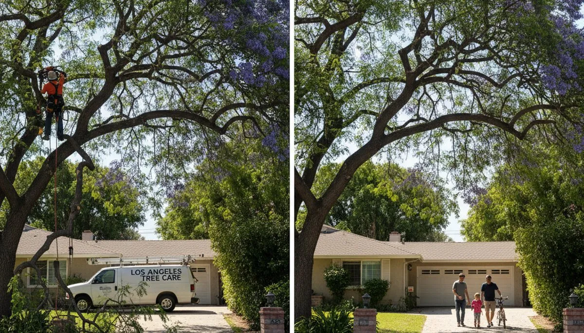 Arborist performing canopy lift tree trimming on mature tree above residential driveway in Los Angeles, CA