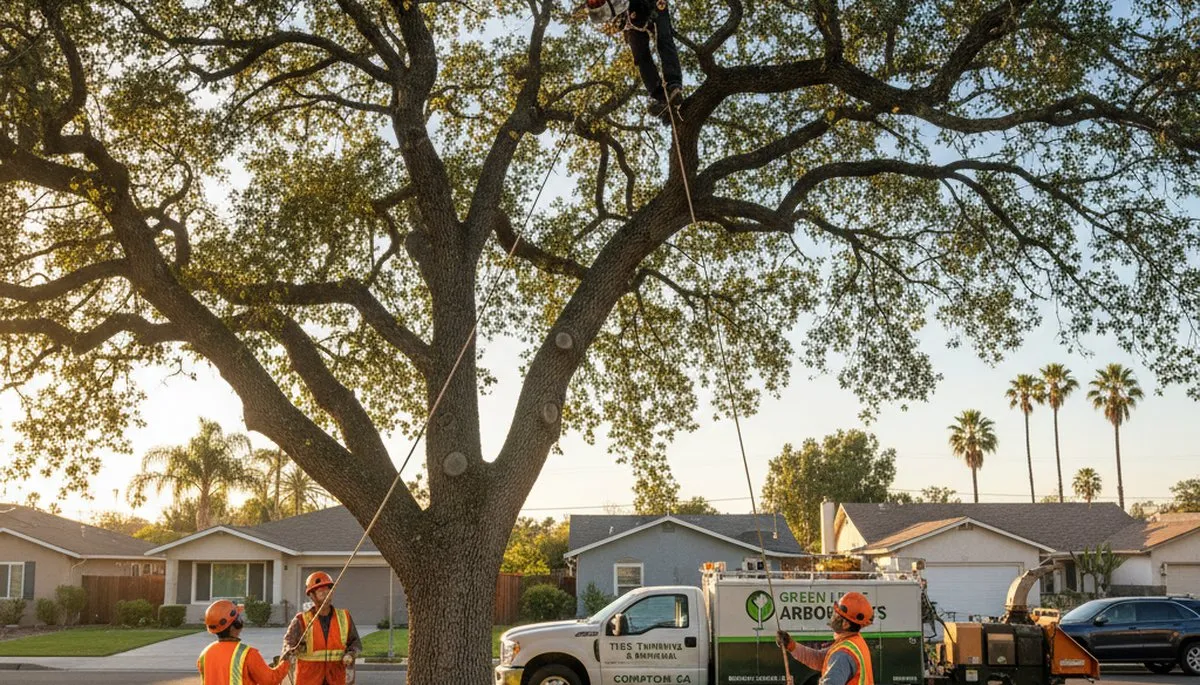 Professional tree removal service in Los Angeles CA safely cutting large oak tree