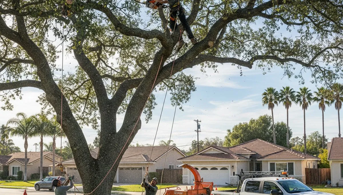 Professional tree removal service team in Los Angeles, CA safely cutting and clearing large trees