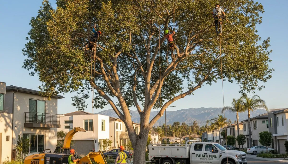 Professional tree removal service in Los Angeles CA safely cutting large oak tree